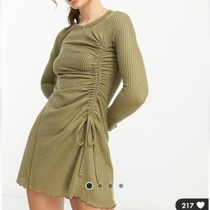 ASOS Waffle Long Sleeve Mini Dress in Khaki